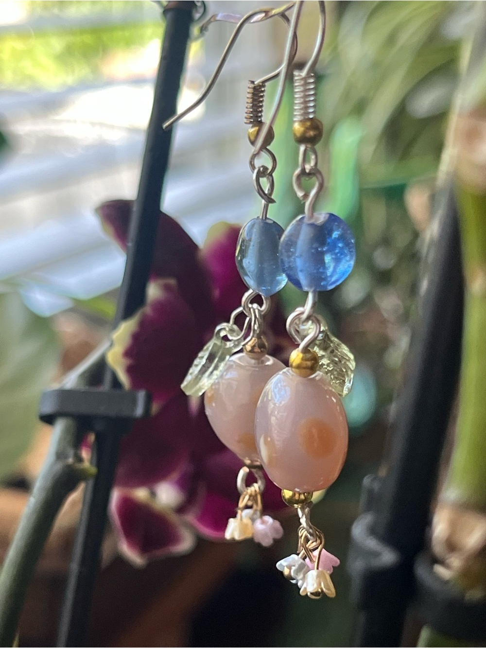 Hand Crafted Pink and Blue Glass Drop Earrings with Gold Accents